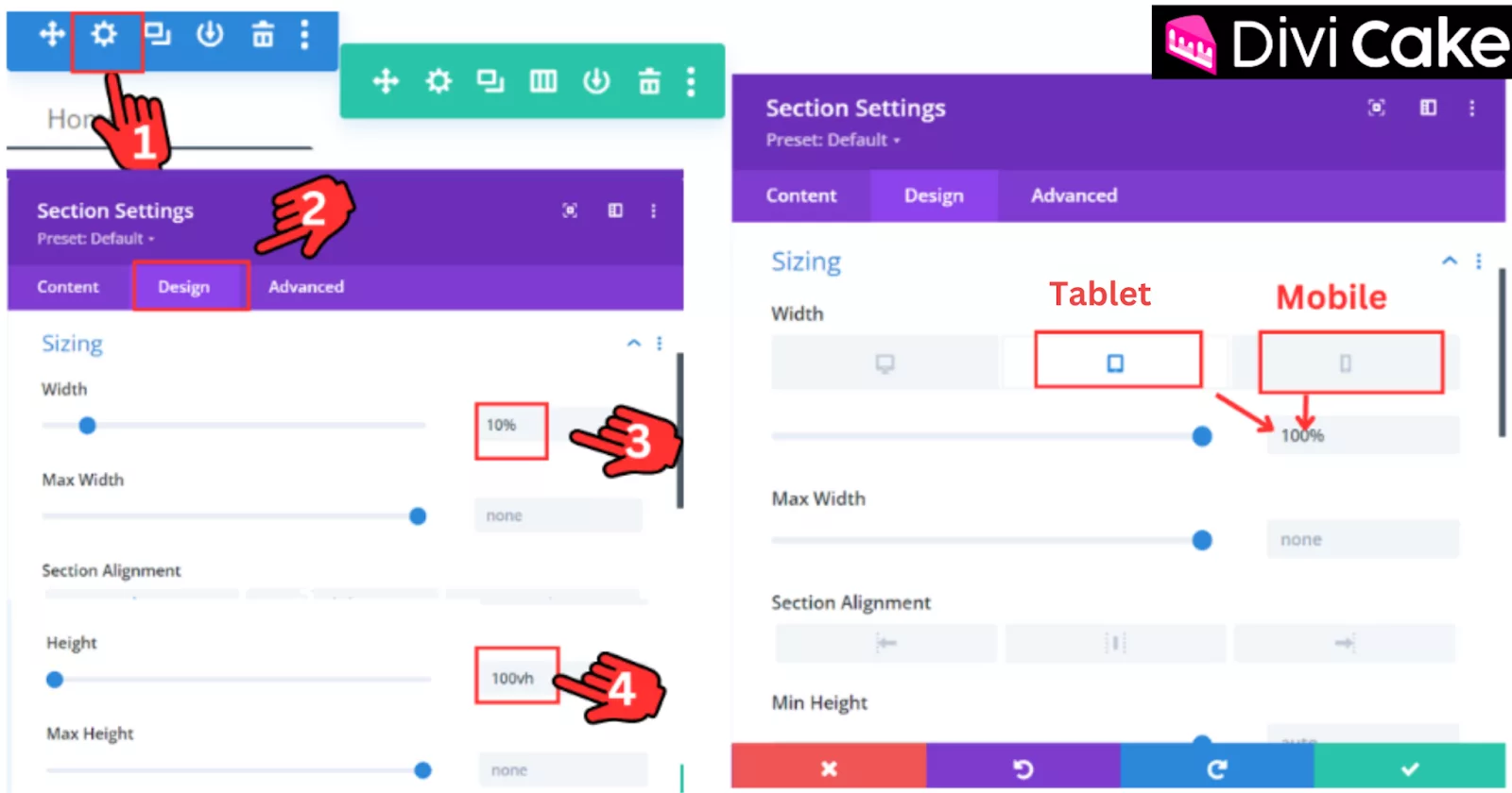 converting a horizontal header to a vertical one in Divi: Adjust width and height settings in section sizing, ensuring responsiveness across desktop, tablet, and mobile devices.
