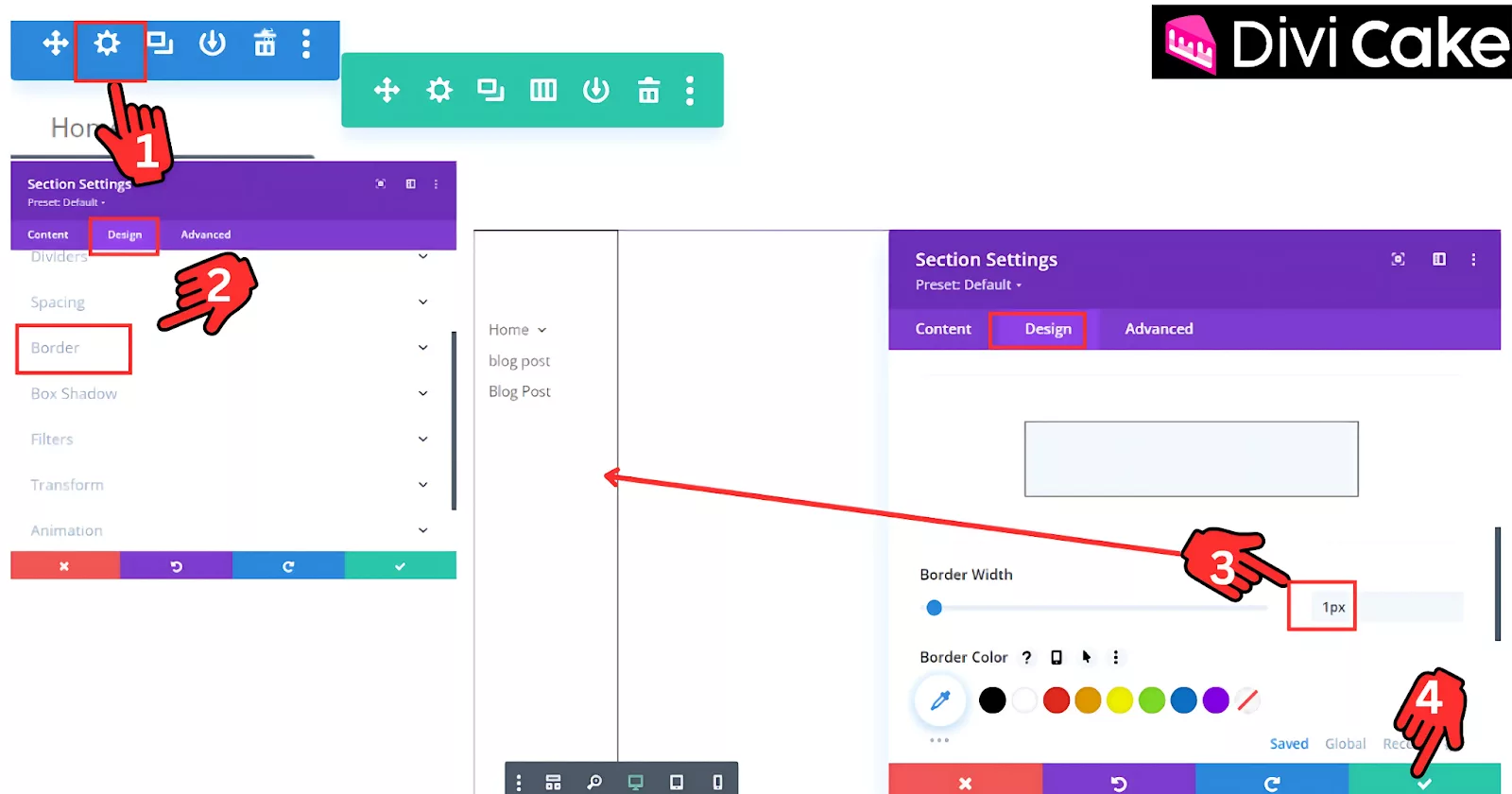 Set a border for a vertical header in Divi: Adjust border width in section design settings to enhance header appearance.