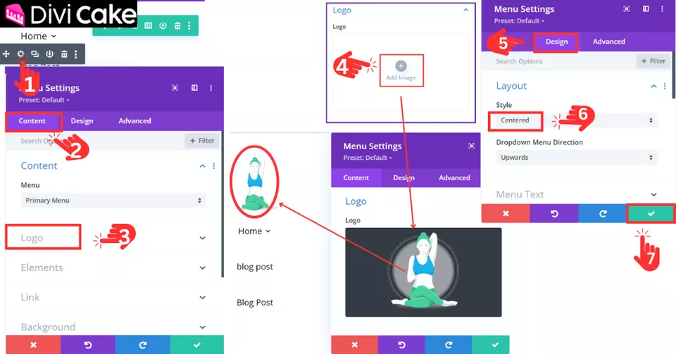 Upload a logo to a vertical header menu in Divi: Access menu settings, upload the logo, and set its layout to centered.
