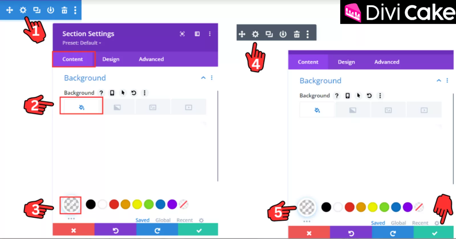 Changing the background color of a vertical header in Divi to transparent, including section and menu settings adjustments.