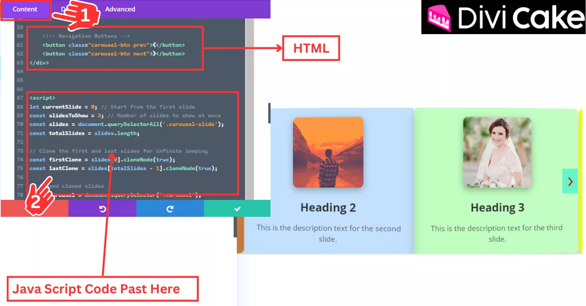 Add JavaScript code to enable sliding and transitions for the carousel. Ensure the script tags are included for full functionality.