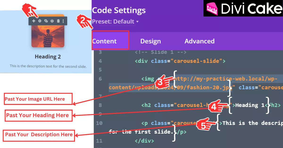 Customize your carousel by replacing default images, headings, and descriptions. Follow the steps to input your content for each slide.