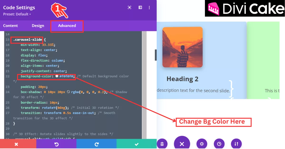 Customize the carousel by changing colors for headings, descriptions, and slide backgrounds. Adjust the background color in the Custom CSS settings.