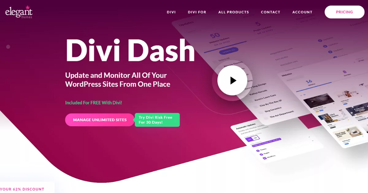 Manage your Divi WordPress sites with ease using Divi Dash. Track performance, update themes, and manage plugins from a single dashboard. A cost-effective solution for Divi users.