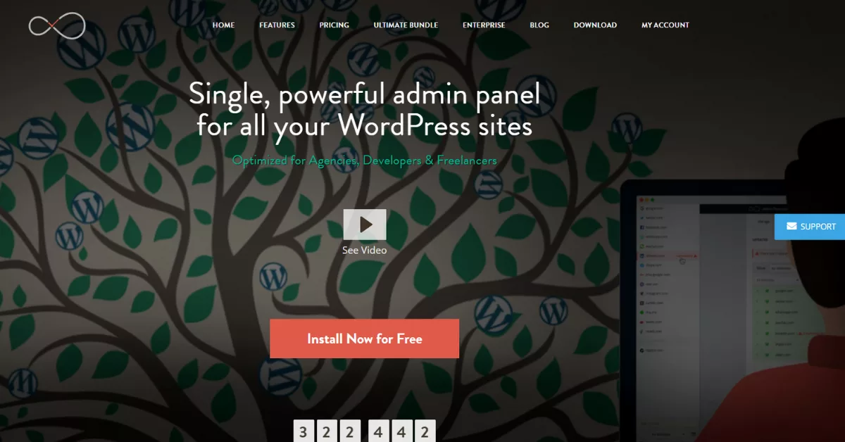 Manage multiple WordPress sites with InfiniteWP, offering one-click updates, malware scans, and user management for streamlined and secure website maintenance.