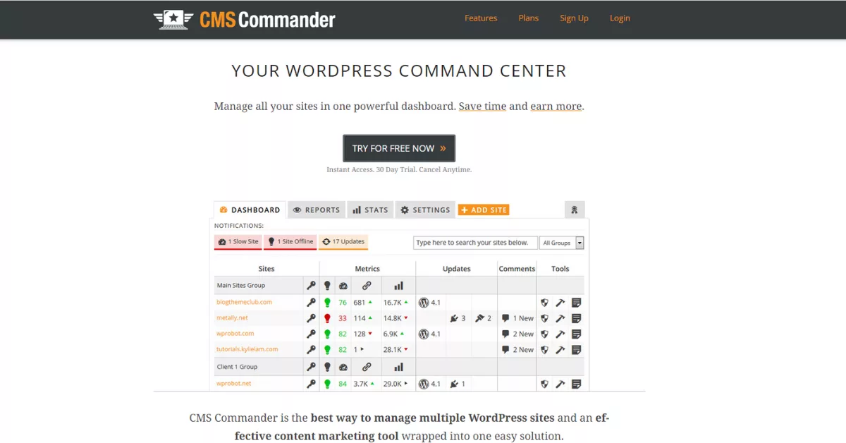 CMS Commander helps manage multiple WordPress sites with bulk posting, user management, 2FA security, and quick plugin updates for content-heavy websites.
