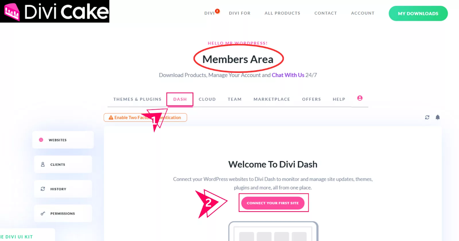 Access the Dash tab in the member area to connect your first website through Divi Dash for streamlined management.