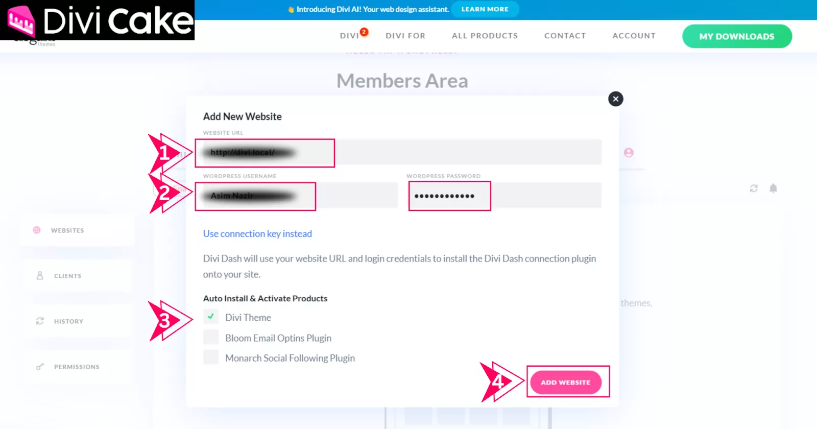 Enter your website’s URL, WordPress credentials, and select products to install before clicking the Add Website button in the dialog box.