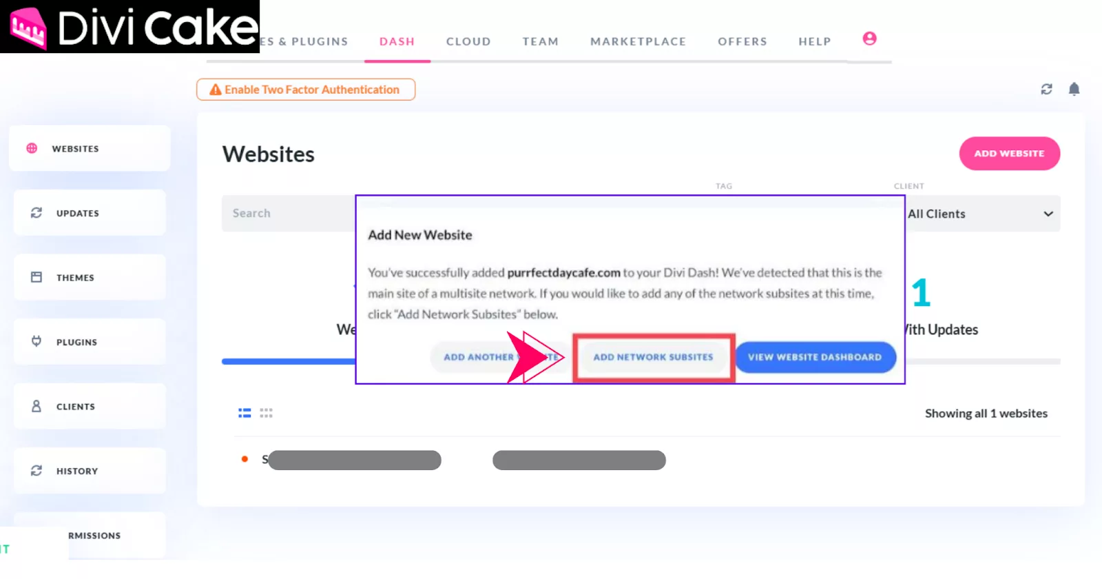 Access the interface that supports WordPress multisite, allowing you to add network subsites to Divi Dash easily.