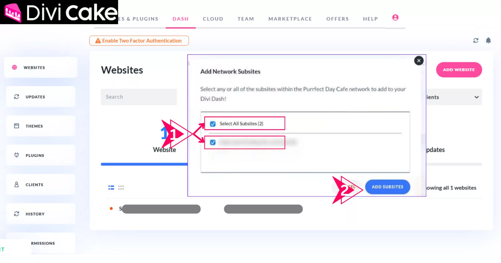 Choose one or multiple subsites from the list and click the Add Subsites button to integrate them into Divi Dash for streamlined management.