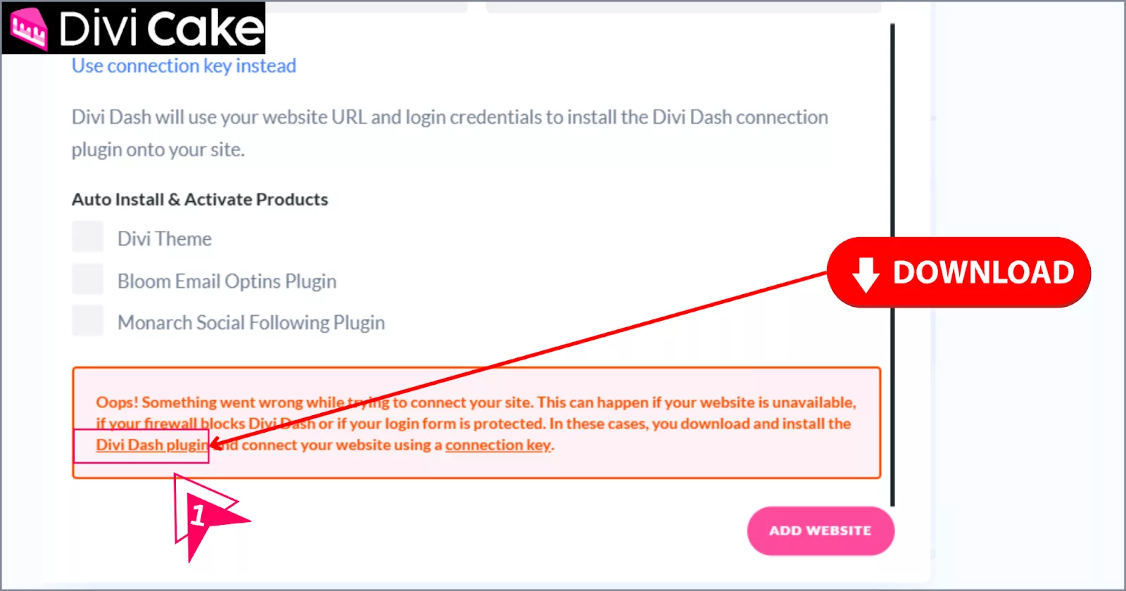 Downloading the Divi Dash plugin from the dashboard to securely connect a WordPress website.