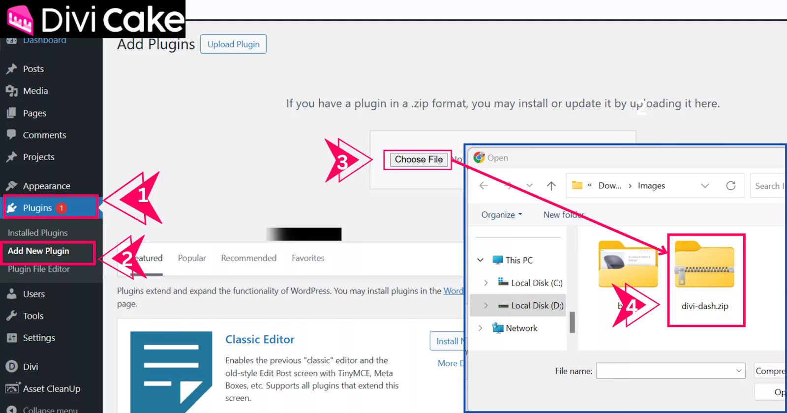 Steps to upload the downloaded Divi Dash plugin to the WordPress dashboard, enabling secure connection setup.