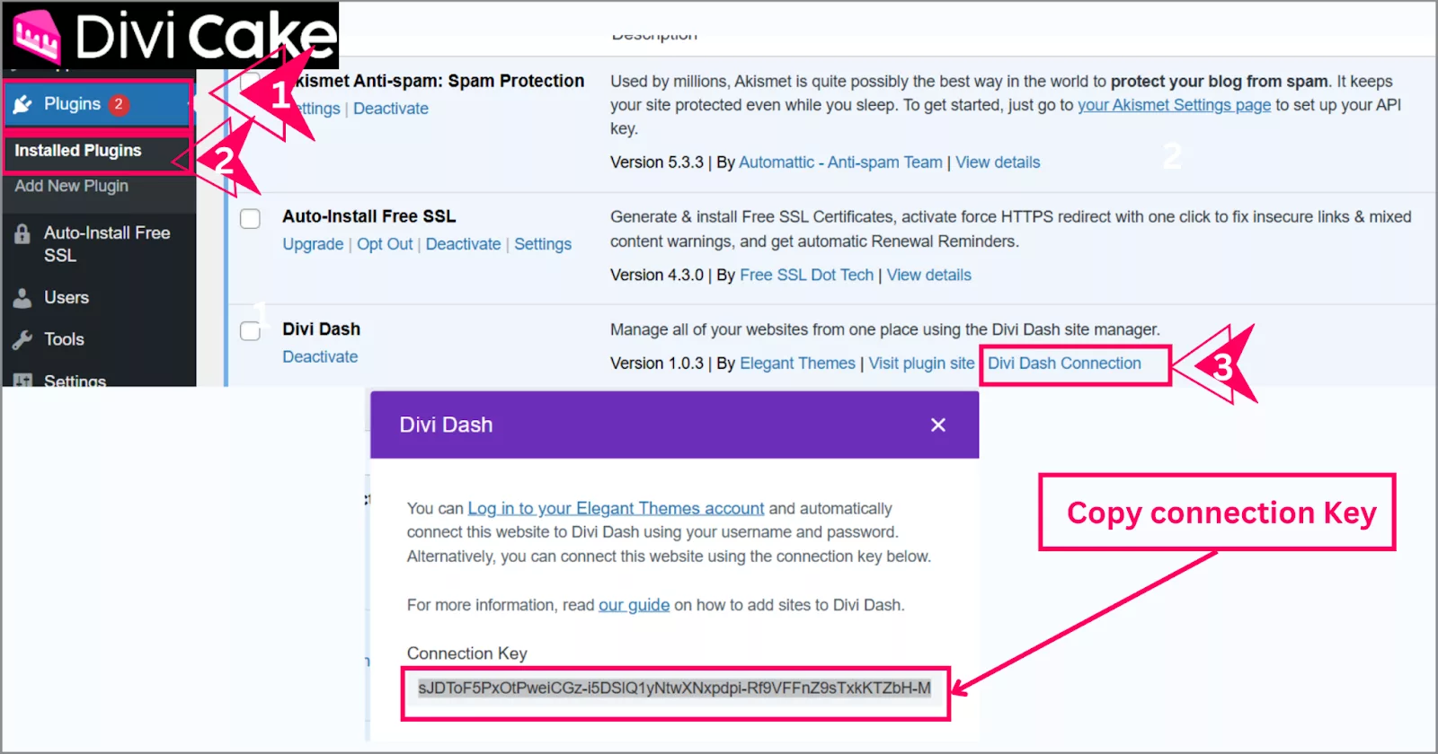 Access and copy the connection key from Divi Dash plugin settings for website integration.