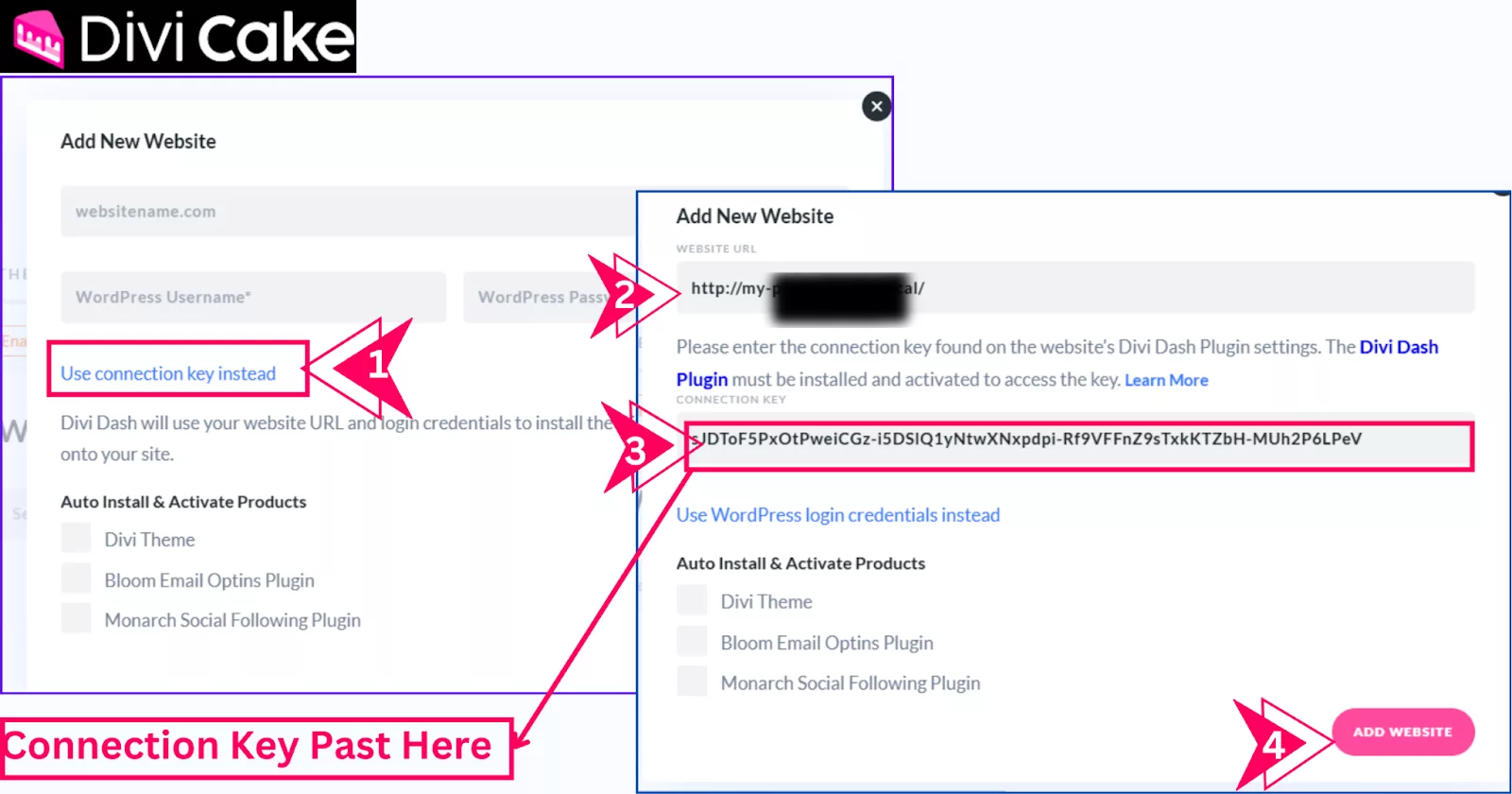 Add your website to the Divi Dash dashboard using the connection key for secure access without a username and password.