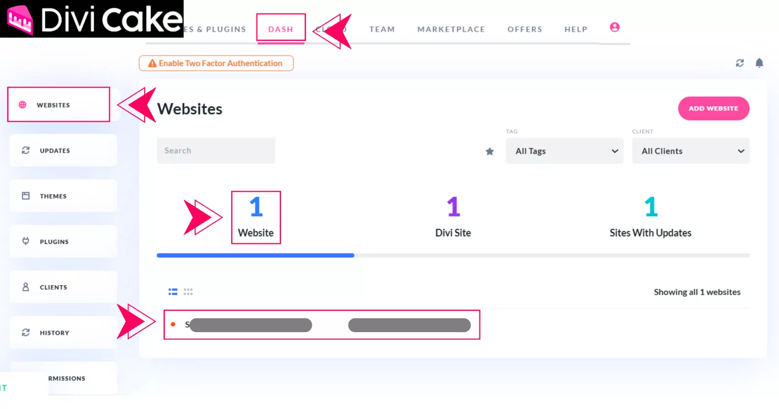 View and manage your added websites under the Website tab in Divi Dash, with options for updates, search, tags, and client management.