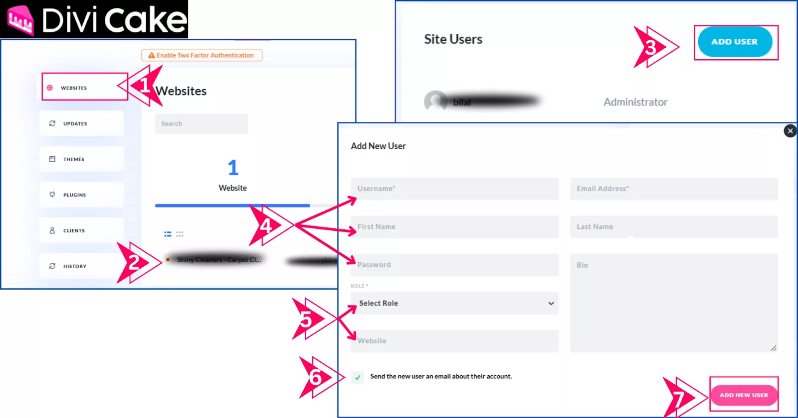 Add new users to an individual WordPress site directly from Divi Dash without logging into the site, streamlining user management.