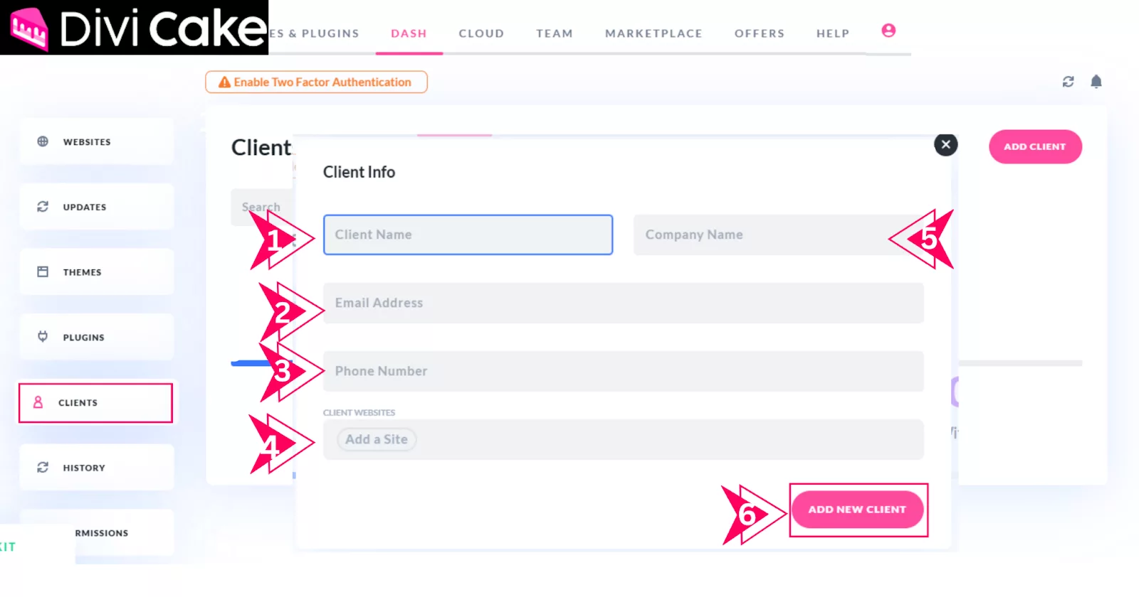 Fill in client information, including name, company, email, phone number, and associated websites, in the dialog box when adding a new client in Divi Dash.
