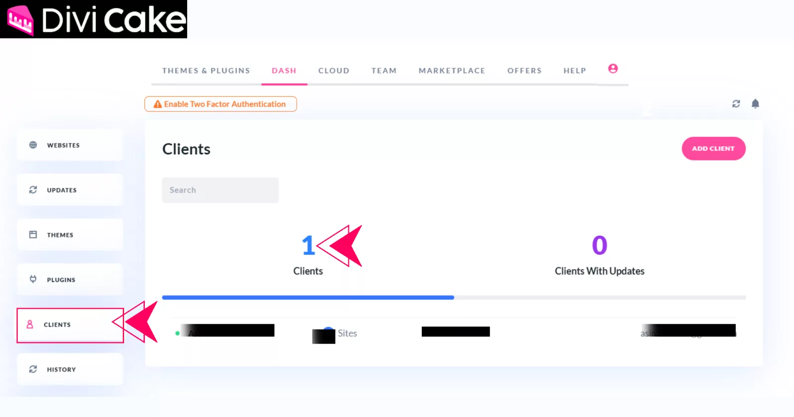 Access associated sites for a client by clicking their name and filter sites based on update status in Divi Dash, using the search bar for quick access.