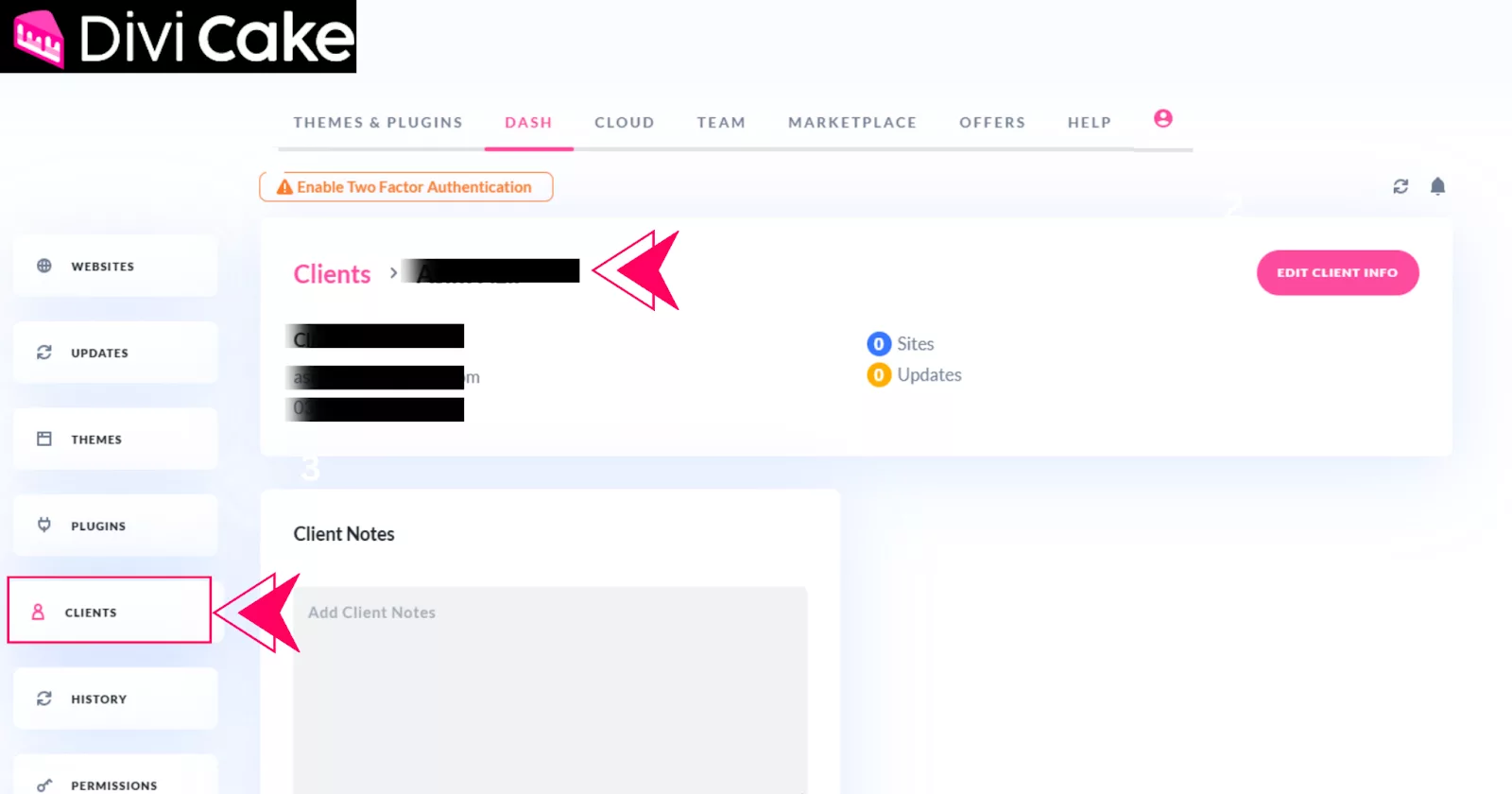 Click on a client’s name to view their dedicated dashboard, featuring contact information, associated websites, and a notes area for easy management in Divi Dash.