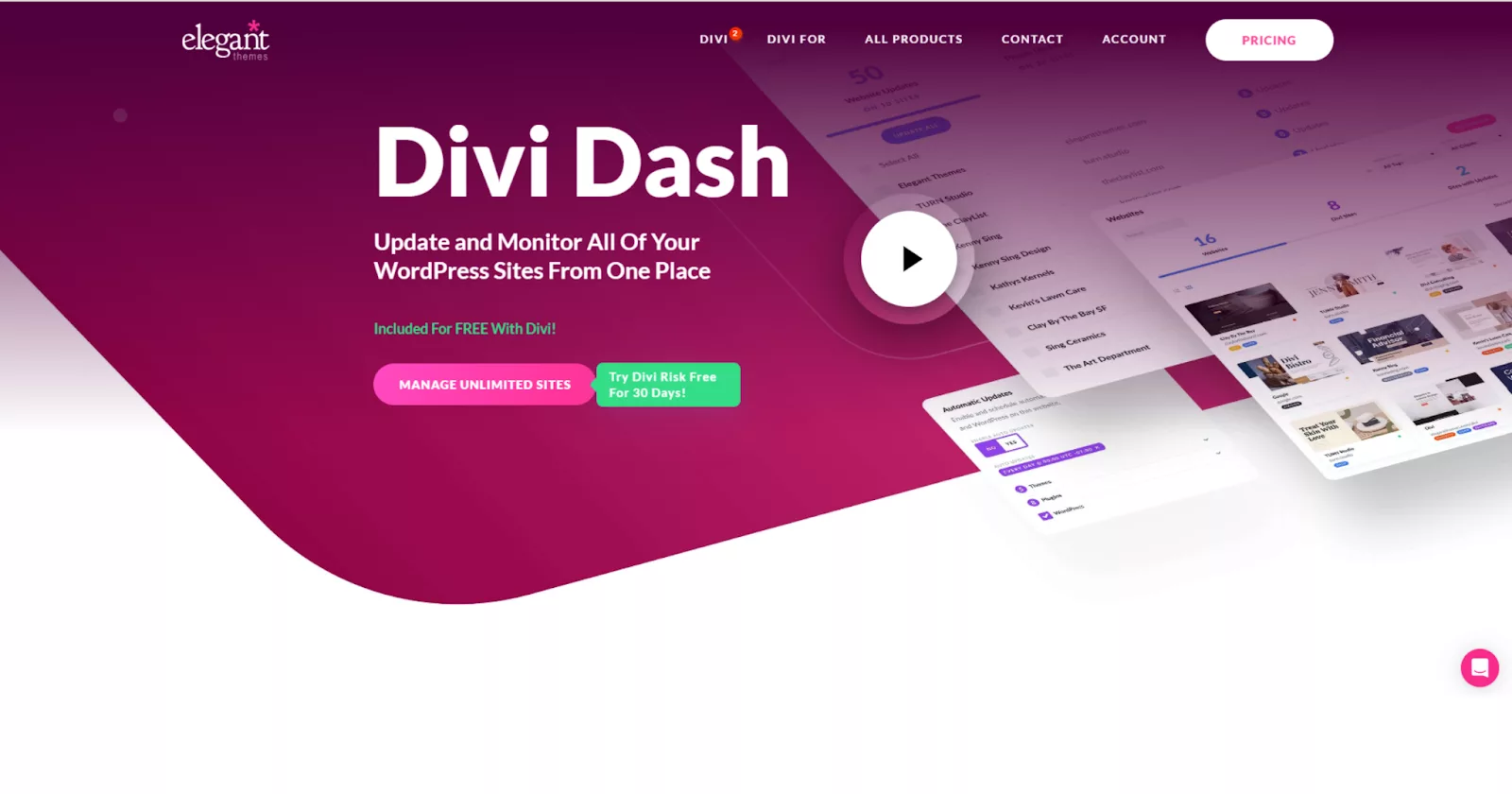 Divi Dash provides an all-in-one dashboard for managing multiple WordPress sites, ideal for web designers and agencies. It offers features like single-click logins, theme updates, and team collaboration, simplifying site management and client organization.