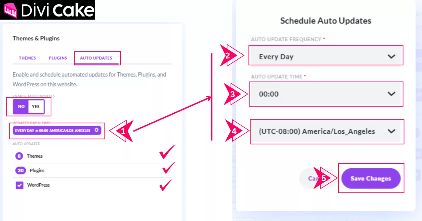 Use Divi Dash to schedule automatic updates for WordPress themes and plugins, customizing the frequency and timing to automate WordPress site management with ease.
