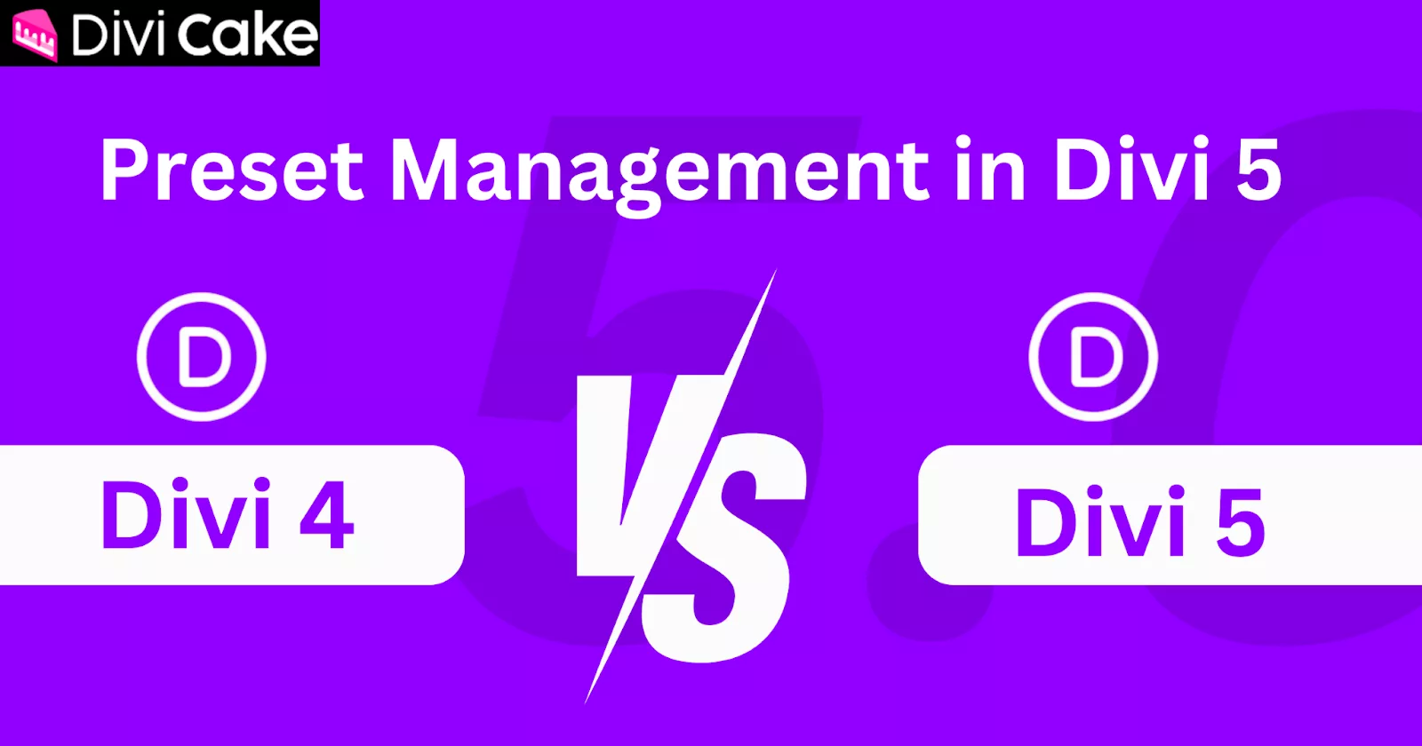 Comparisons Divi 5 and Divi 4, highlighting Divi 5’s improved preset management with reusable classes and built-in presets for faster application, reduced manual effort, and instant global changes.