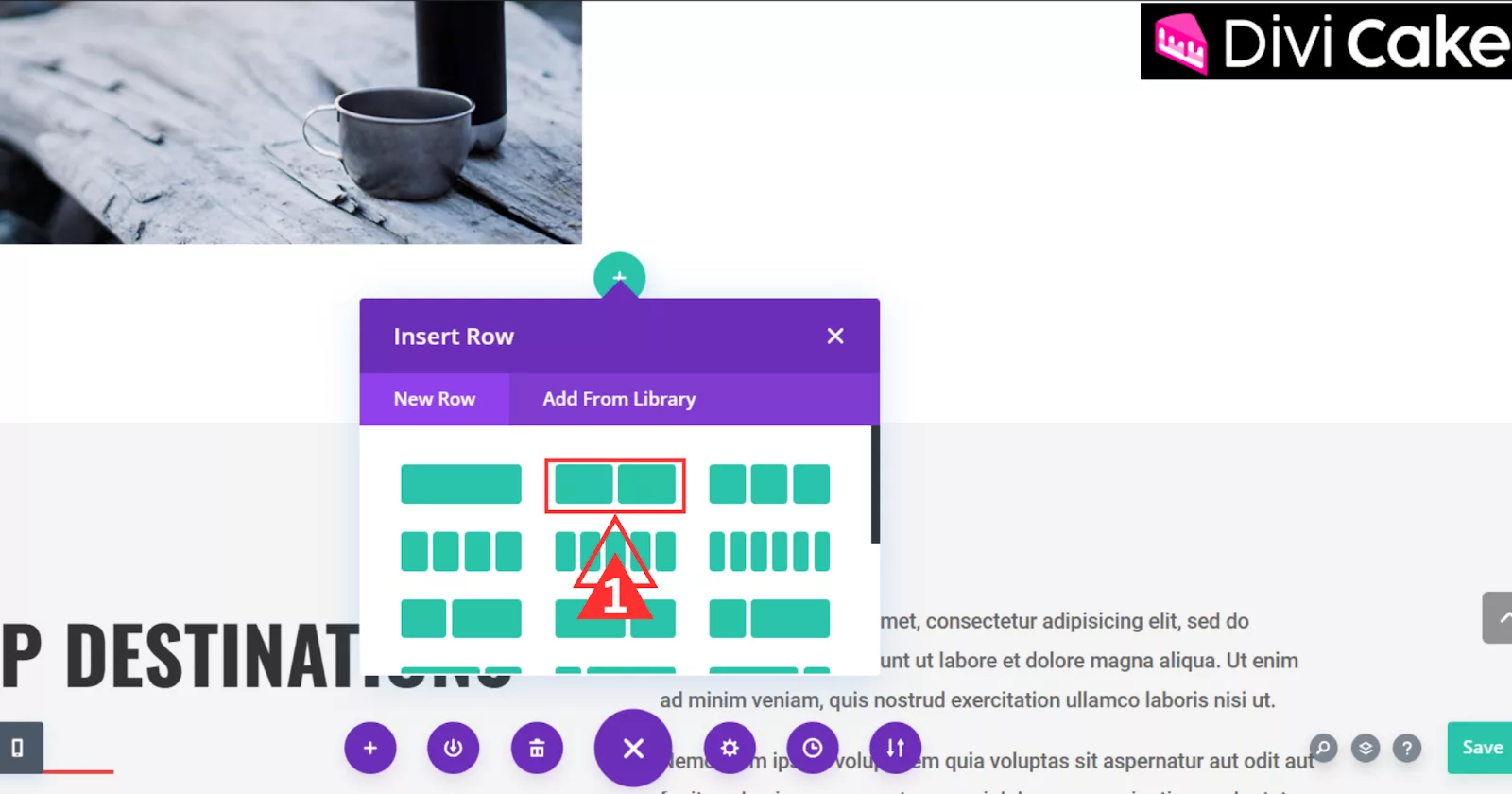 Create a row with two columns in Divi for the Sticky Contact Form layout, with the form in the first column and an optional Blurb module in the second.