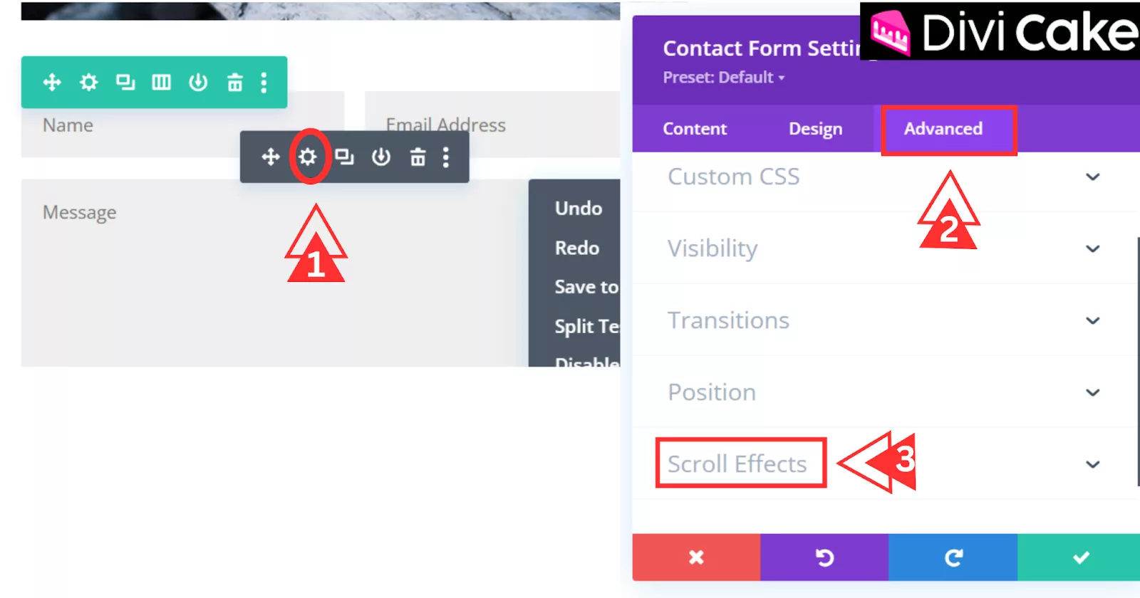 Enable the sticky option for the Contact Form in Divi by navigating to the Advanced tab and selecting Scroll Effects.