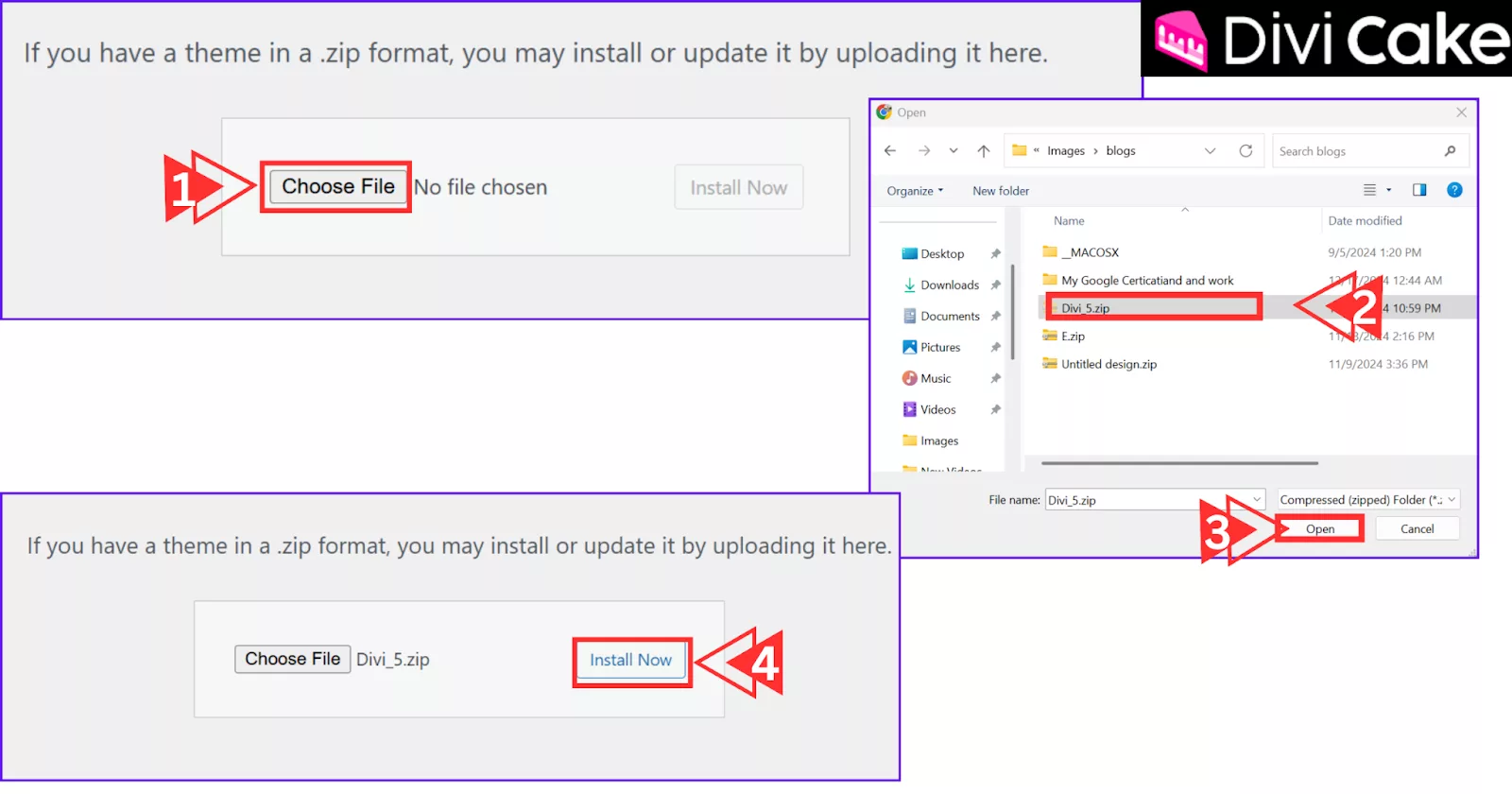 Uploading and installing the Divi 5 theme on WordPress.