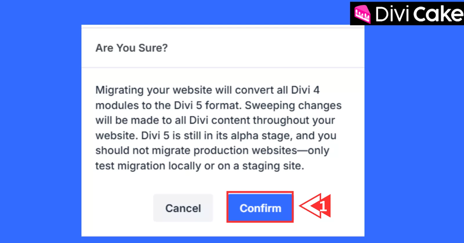 Confirmation step for migrating your website to Divi 5.