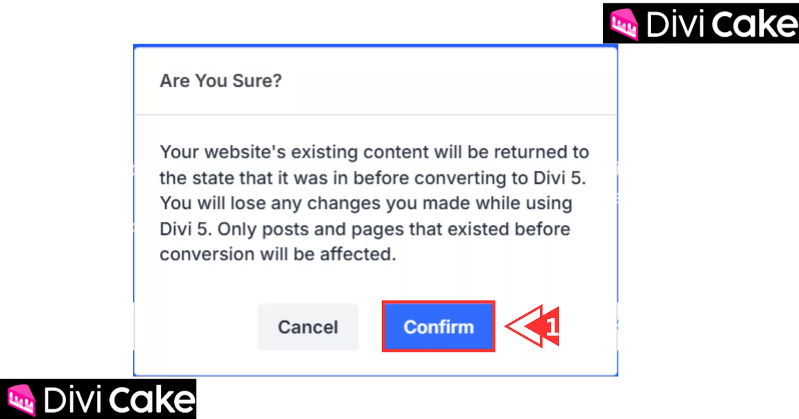 Confirmation step to revert your website from Divi 5 back to Divi 4.