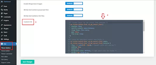 Adding custom CSS in the Divi Theme Options, showing the location of the Custom CSS box in the WordPress dashboard.