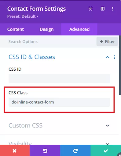 Divi Contact Form Module settings showing how to add a unique CSS class “dc-inline-contact-form” in the Advanced tab for customization.