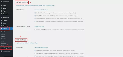 Fast Velocity Minify plugin settings panel for optimizing website performance by minifying and combining HTML, CSS, and JavaScript files.
