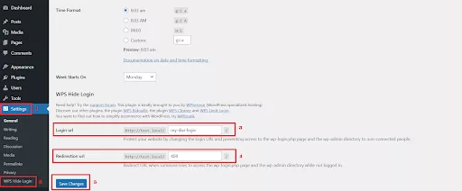Configuring WPS Hide Login settings in the WordPress dashboard, including options to change the default login URL and enhance website security.