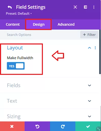 Step-by-step guide to customizing the Contact Form Module in Divi Builder, showing how to enable the ‘Make Full Width’ setting in the Design tab’s Layout options for each field.