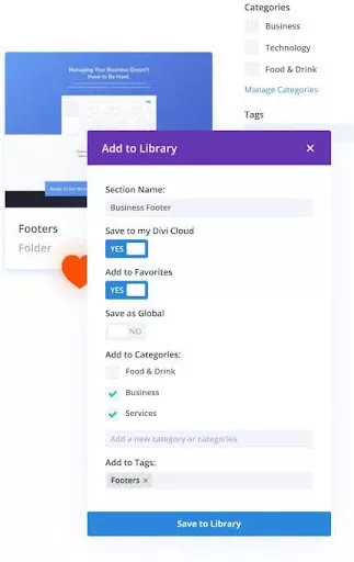 Organize Divi Cloud content with folders, categories, and tags, and access favorites directly within the Divi Visual Builder to streamline web design workflows.