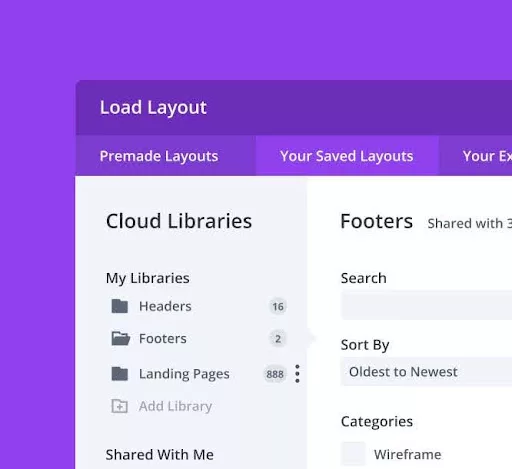 Organize your layouts, templates, and content in structured libraries within Divi Cloud, streamlining your workflow for faster and more efficient project management.