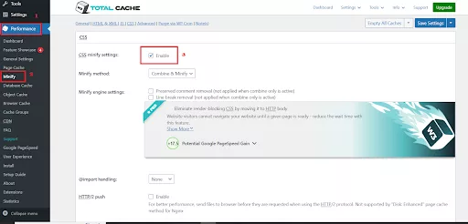 W3 Total Cache settings interface for optimizing WordPress website performance and loading speed.