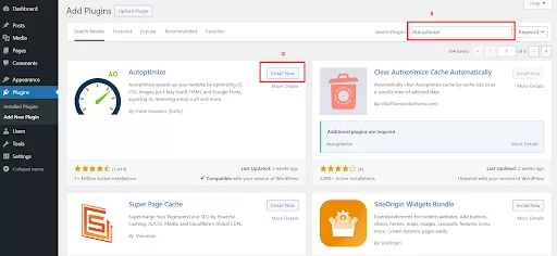 WordPress dashboard showing the search and installation process for the Autoptimize plugin.