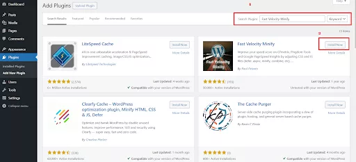WordPress dashboard showing the search and installation process for the Fast Velocity Minify plugin.