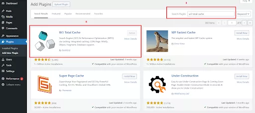 WordPress dashboard displaying the search and installation process for the W3 Total Cache plugin.