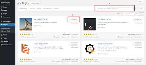 WordPress dashboard displaying the search and installation process for the WP Fastest Cache plugin.