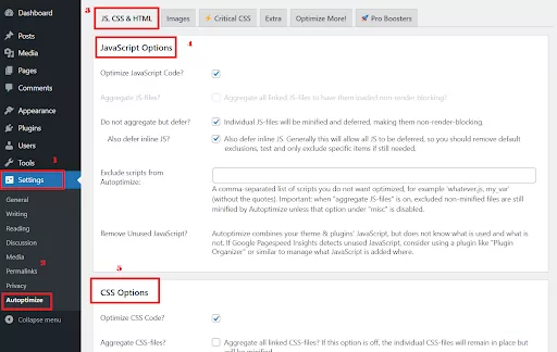 Autoptimize plugin settings interface for enhancing website speed and performance through code and file optimization.
