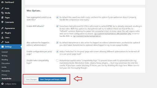 Save Changes in the Autoptimize plugin for streamlining code and boosting site speed.