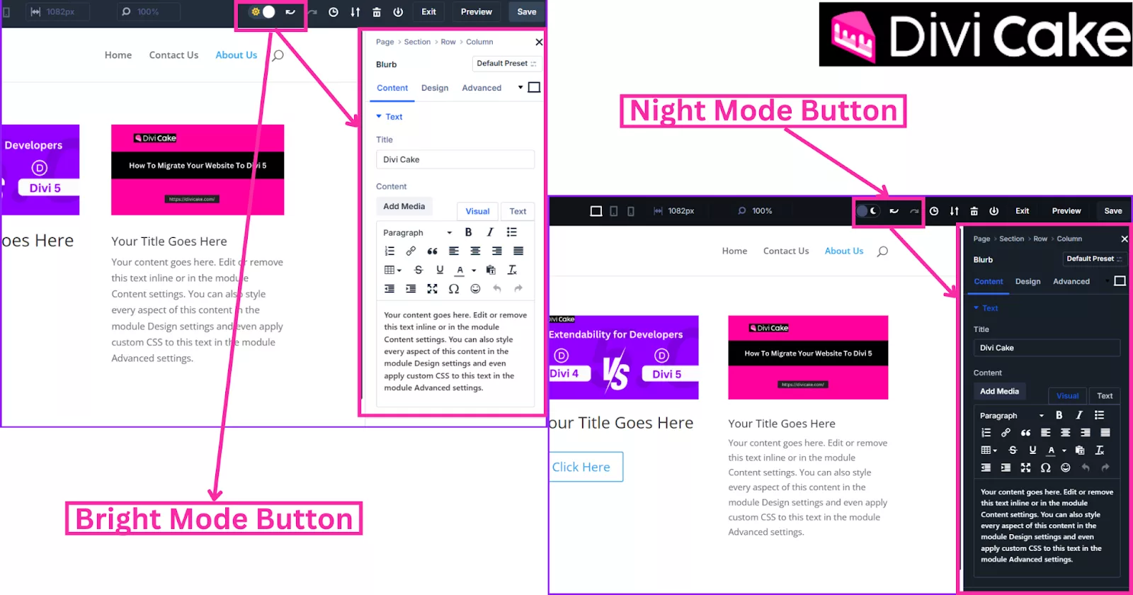 Divi 5 introduces light and dark modes, allowing users to switch themes for better visibility and reduced eye strain, enhancing comfort during long design sessions.