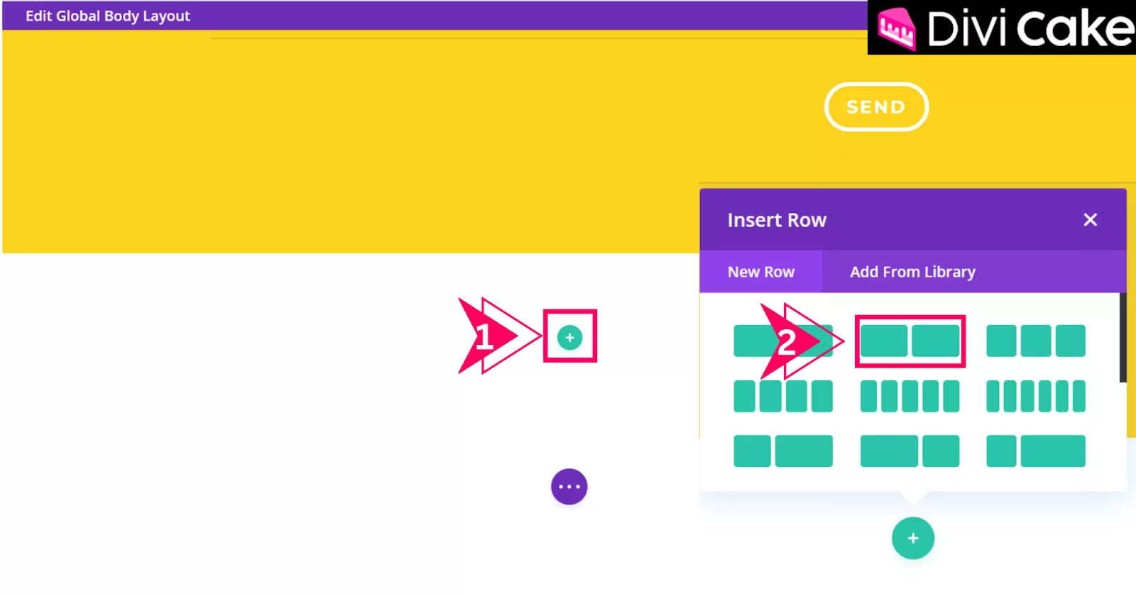 Add a single row with two columns in Divi by clicking the Plus icon button and inserting the desired layout for your popup design.