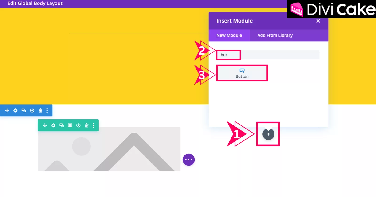 Insert a Button Module in the second column by clicking the Plus icon button, searching for “Button,” and selecting it from the module list.