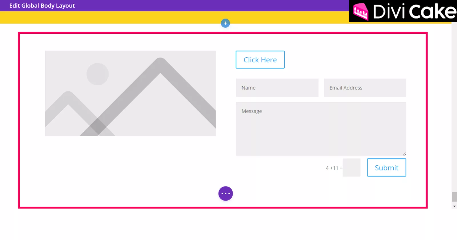 The initial Divi popup layout with an Image Module, Contact Form