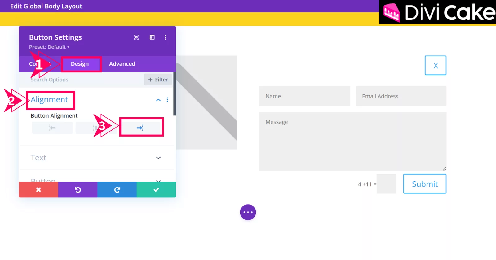 Adjust the Button Module alignment in Divi by opening the Design tab, selecting the Alignment option, and choosing Right Alignment for proper positioning.